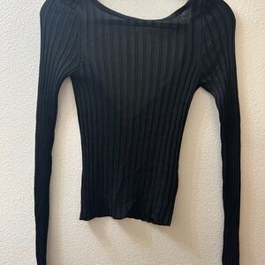 Free People Black Ribbed Scoop-Neck Long Sleeve Top